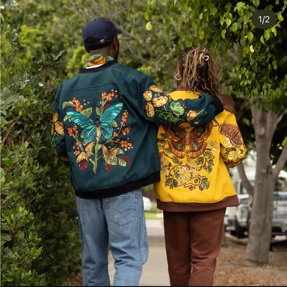 Morning Witch Emerald Dream Cotton Twill Embroidered Butterfly Bomber Jacket - Picture 2 of 6